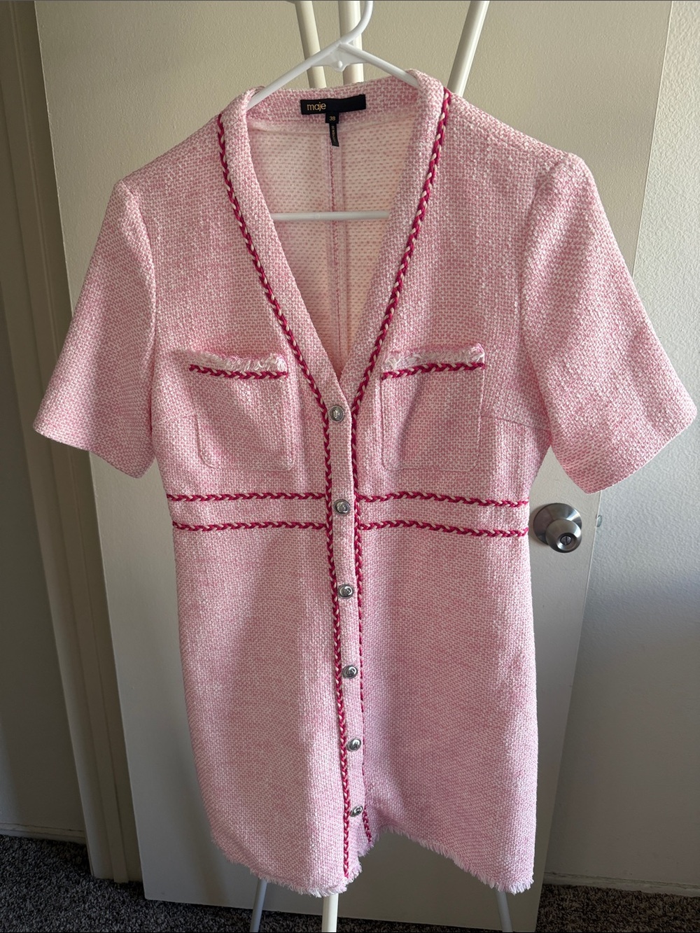 Maje Pink Tweed Short-Sleeve Button Front Dress with Contrast Trim